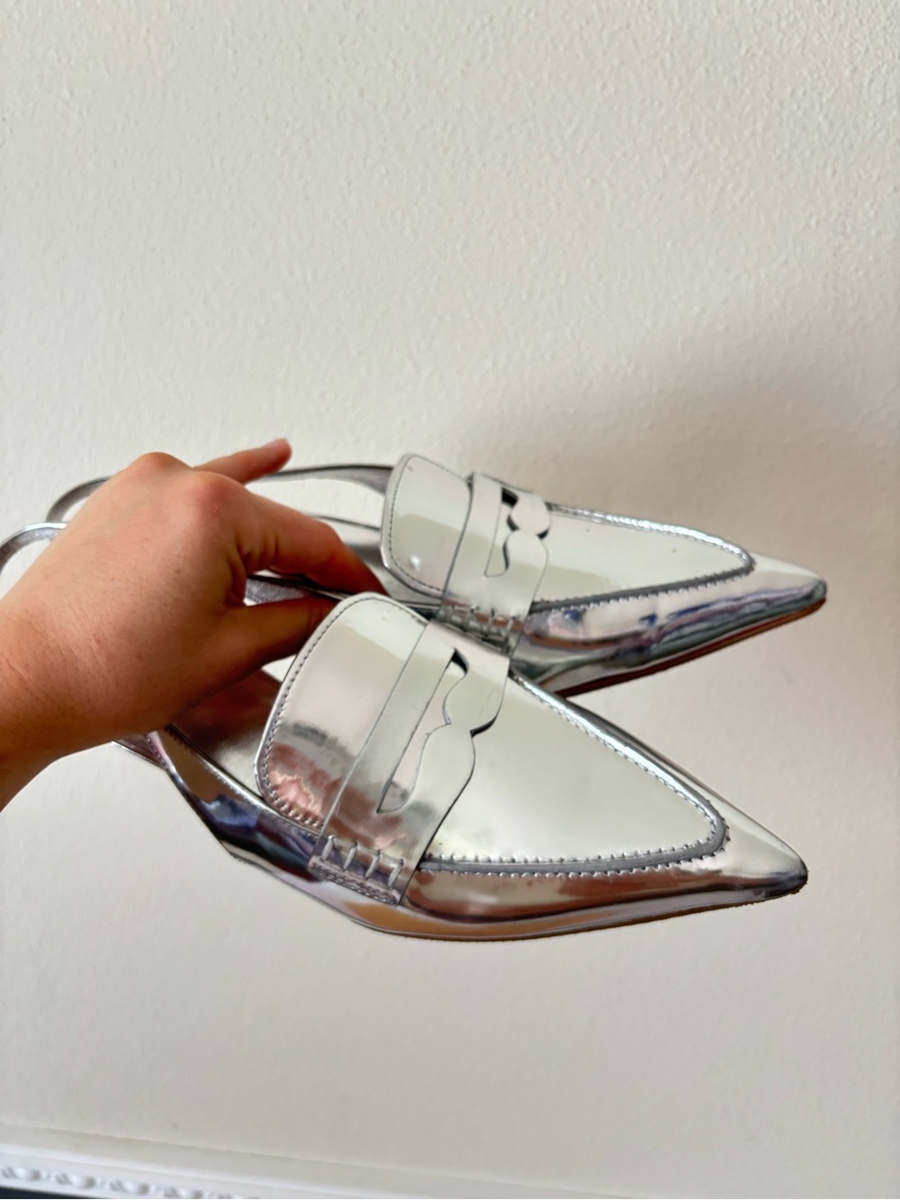NEW Reformation Patent Leather Silver Metallic Pointer Loafer Slingback Heels - Picture 5 of 8